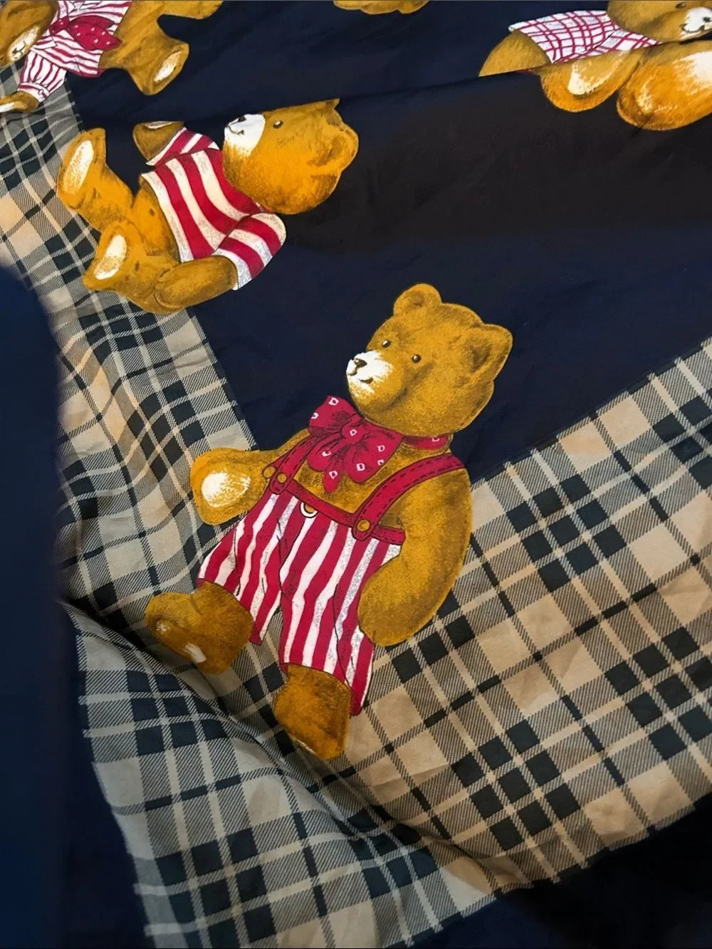 Vintage  Teddy Bear Print Plaid Scarf - Navy & Gold